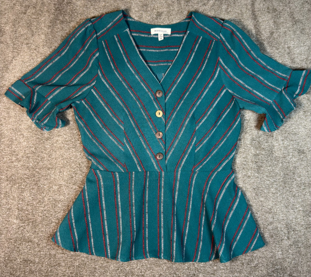 Monteau Los Angeles Teal Striped Peplum Blouse Short Sleeve V-Neck Women M